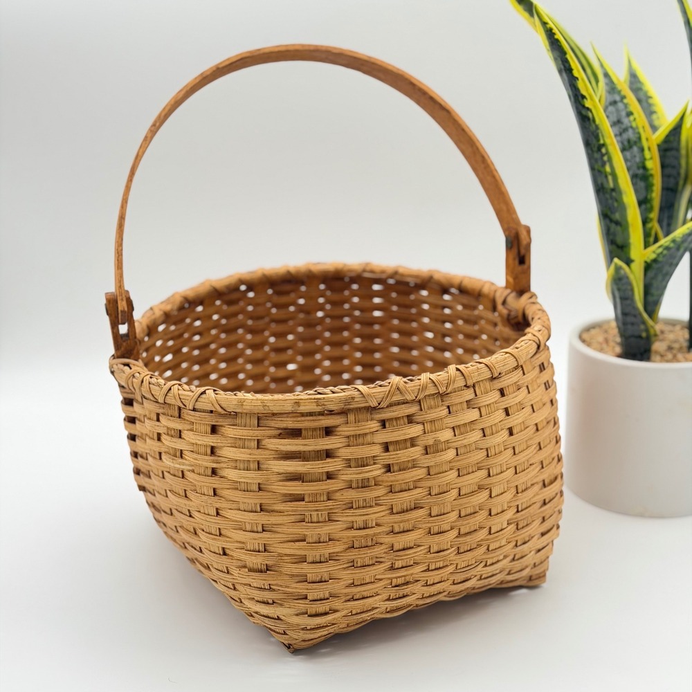 Vintage Hand-Woven Rattan 12" Market Basket Bentwood Handle MJC #164 (2004)